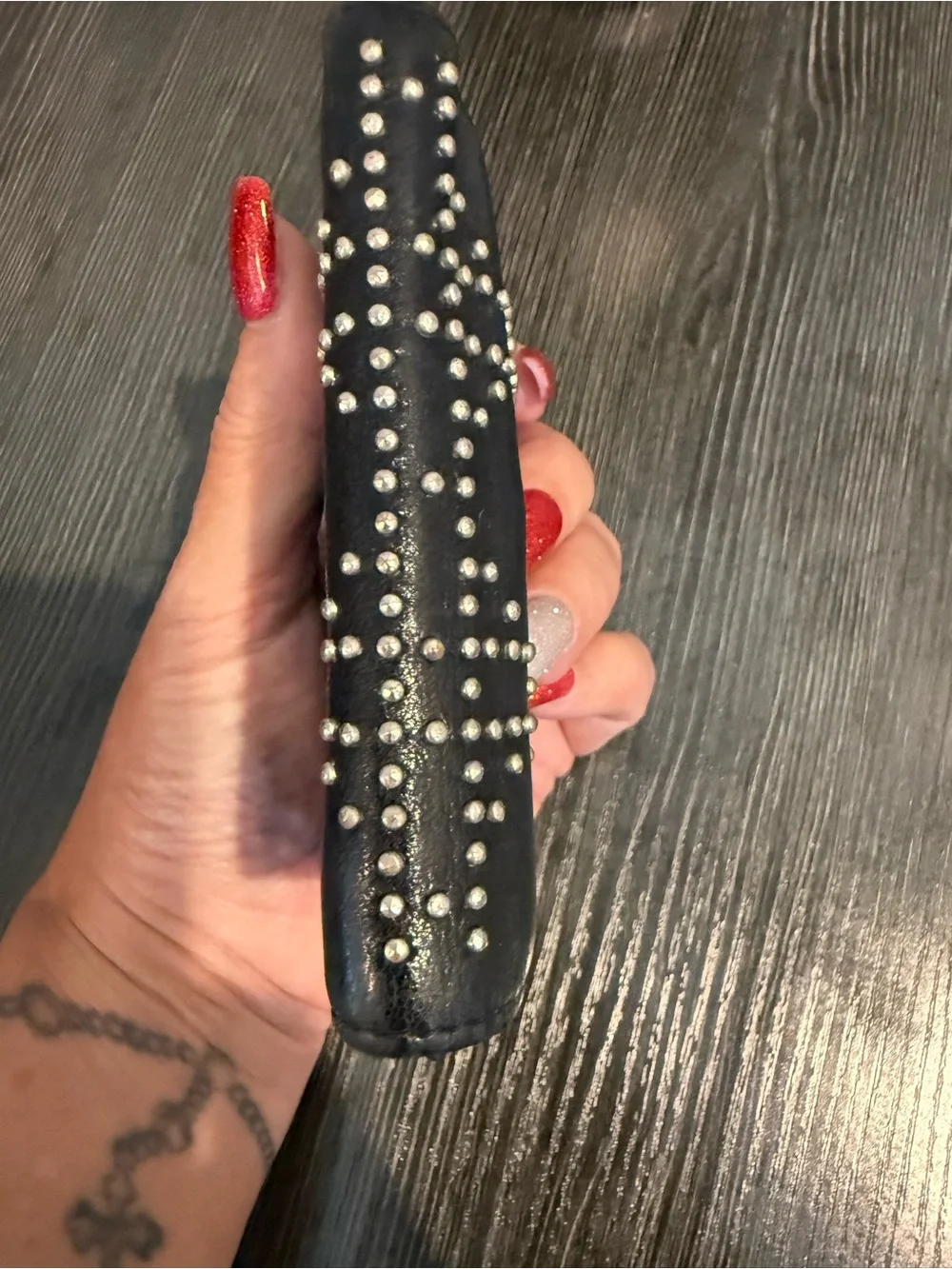 Christian Dior, black leather, studded, compact wallet.